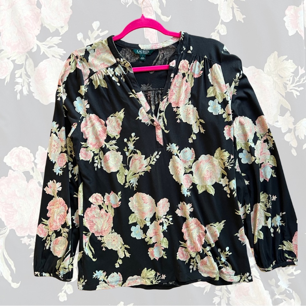 Lauren Ralph Lauren Black and Pink Floral Blouse